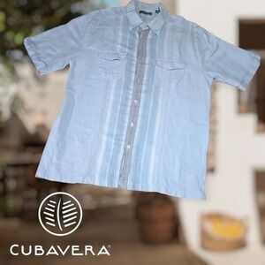 Cubavera Men's S/s Linen Blend‎ Guayabera Camp Shirt Light Blue L